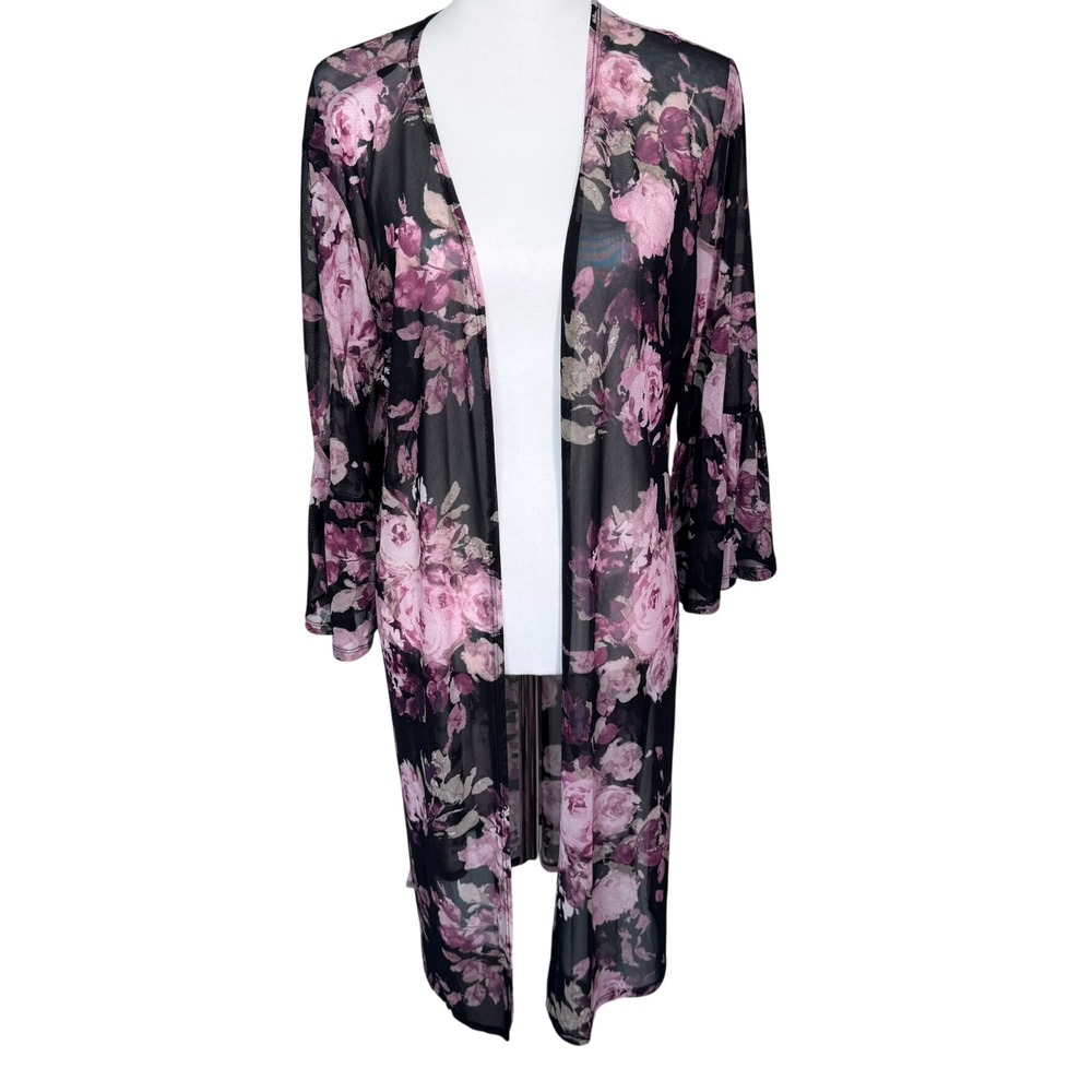 JOIE DE VIVRE Women's Large Pink Black Floral Mesh Bell‎ Sleeve Duster Cardigan